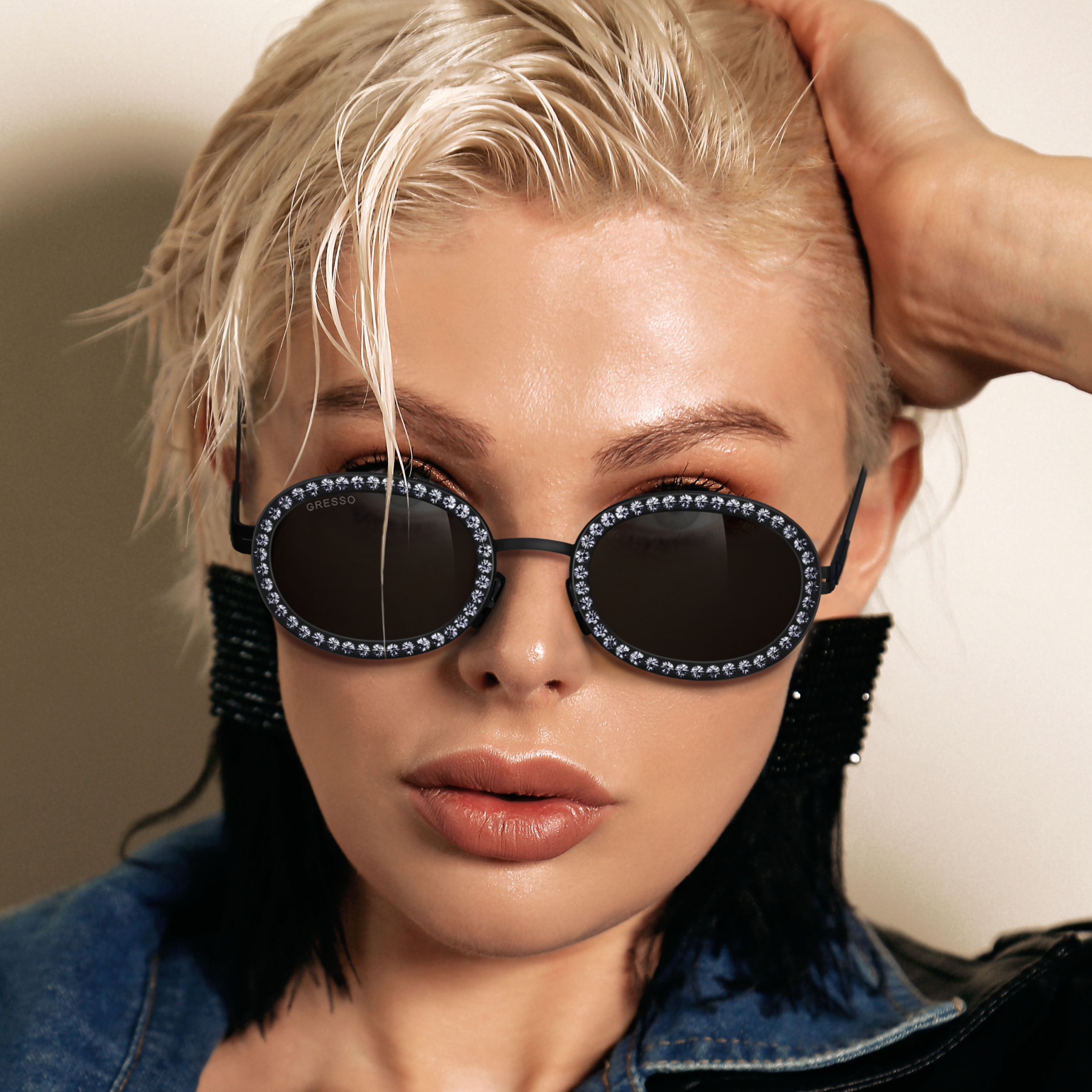 Titanium round sunglasses for women GRESSO Beyonce with Zeiss polarized grey lenses