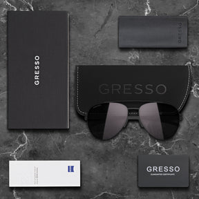 Titanium aviator sunglasses for men and women GRESSO California with Zeiss polarized grey lenses