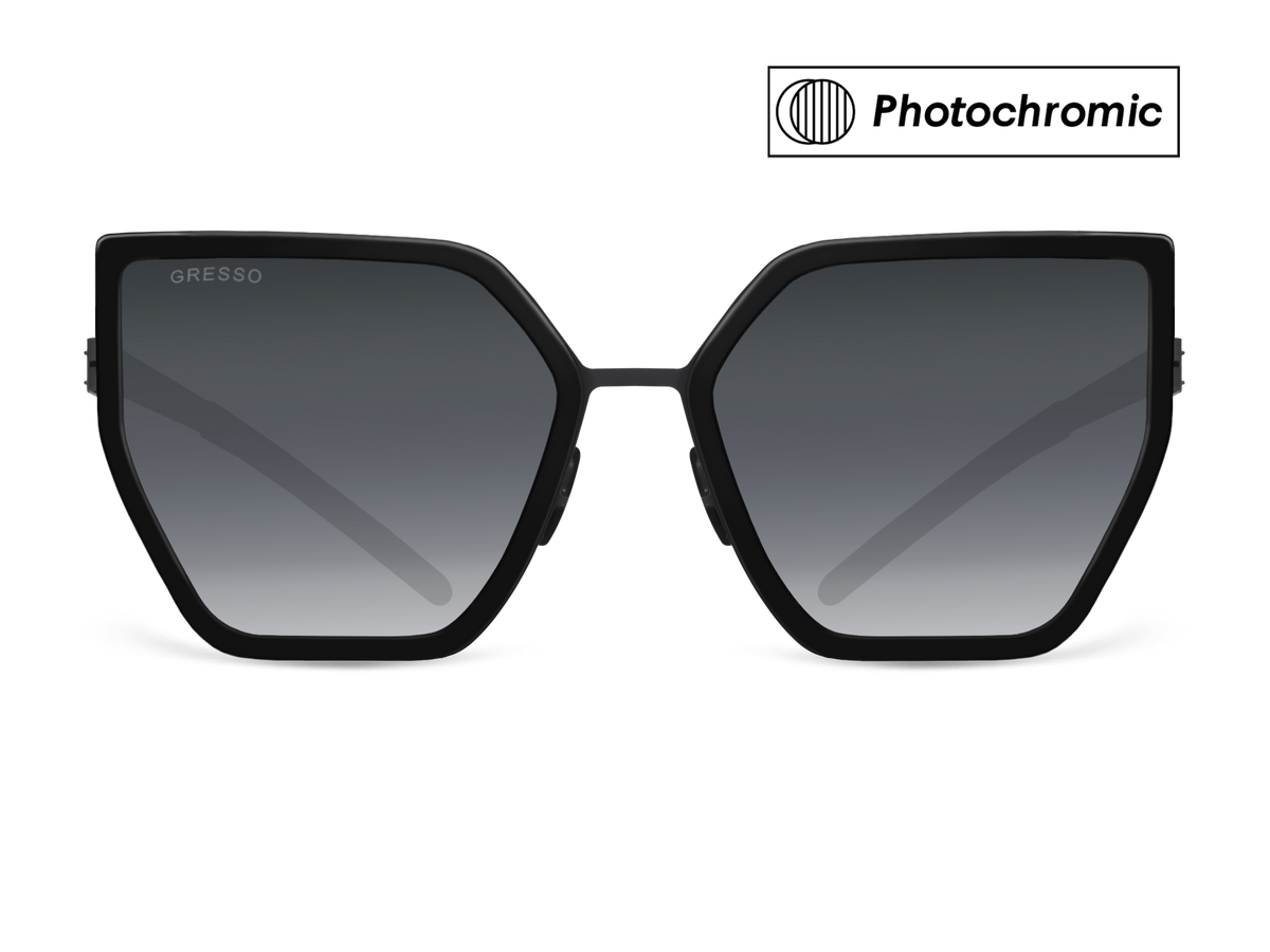 Titanium cat eye sunglasses for women GRESSO Alejandra with Zeiss photochromic grey lenses #color_grey-photochromic