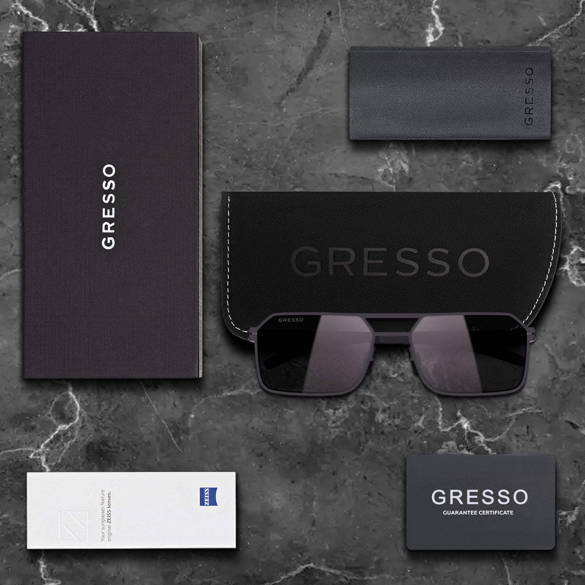 Titanium rectangle sunglasses for men GRESSO Aragon with Zeiss polarized grey lenses