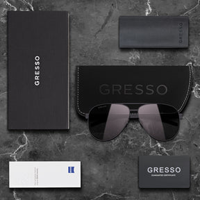 Titanium aviator sunglasses for men GRESSO Chelsea with Zeiss polarized grey lenses
