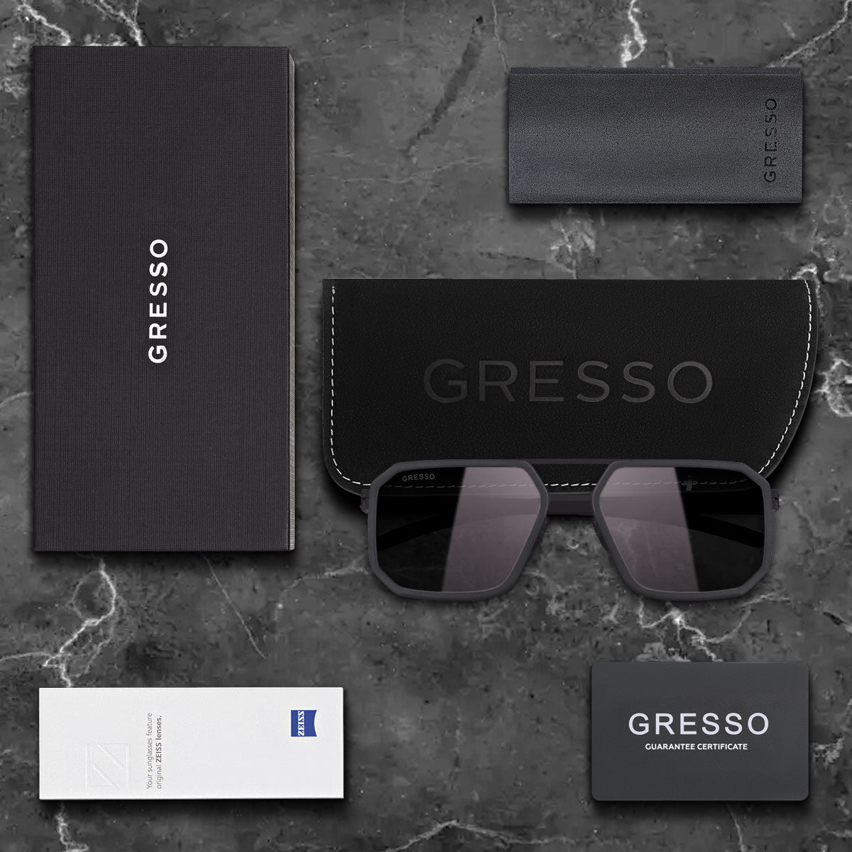 Titanium square sunglasses for men GRESSO Houston with Zeiss polarized grey lenses