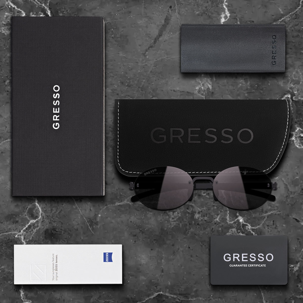 Titanium rimless sunglasses for men and women GRESSO Palo Alto with Zeiss polarized grey lenses