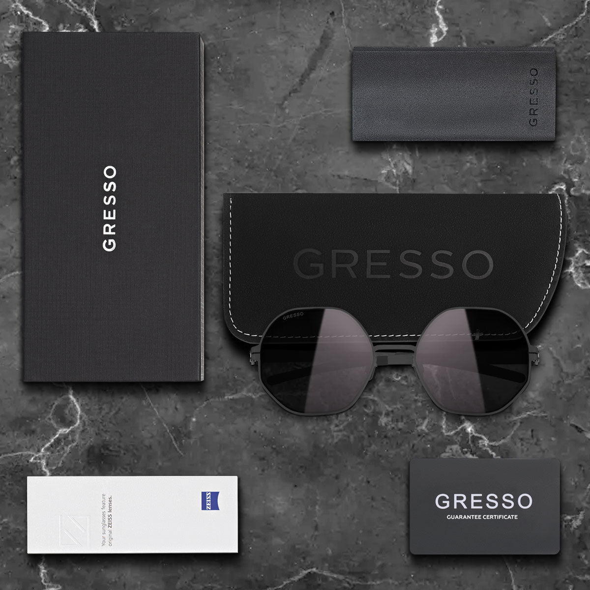 Titanium square sunglasses for women GRESSO Geneva with Zeiss polarized grey lenses