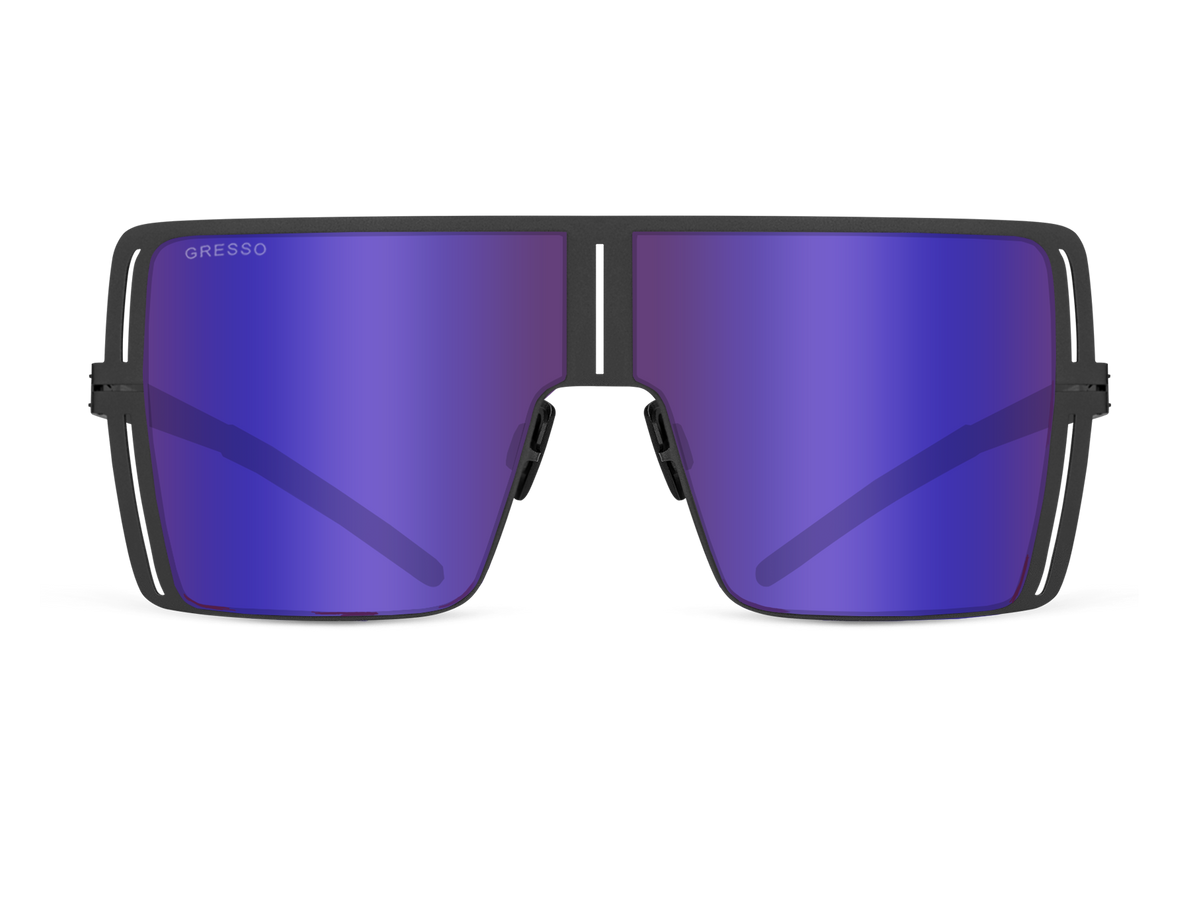 Titanium shield sunglasses for men and women GRESSO Malibu with Zeiss polarized purple lenses #color_purple-mirror