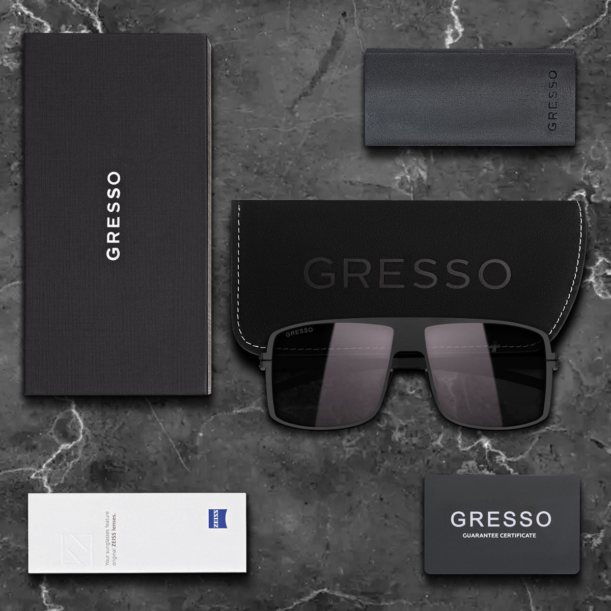 Titanium square sunglasses for men GRESSO Manhattan with Zeiss polarized grey lenses
